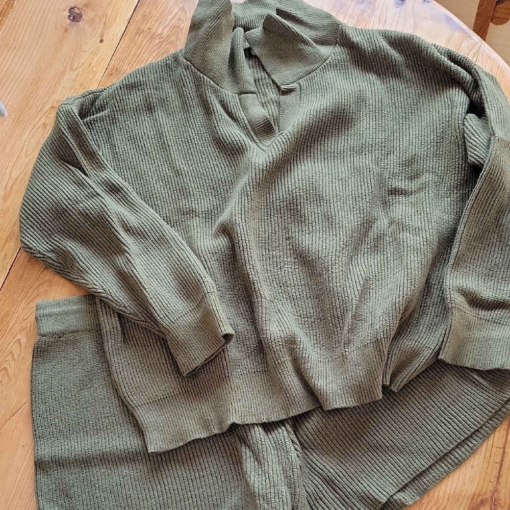 Olive Green Knit Sweater and Shorts Set